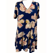 A New Day Womens Floral Print VNeck Short Sleeve Drop Waist Dress Small Blue