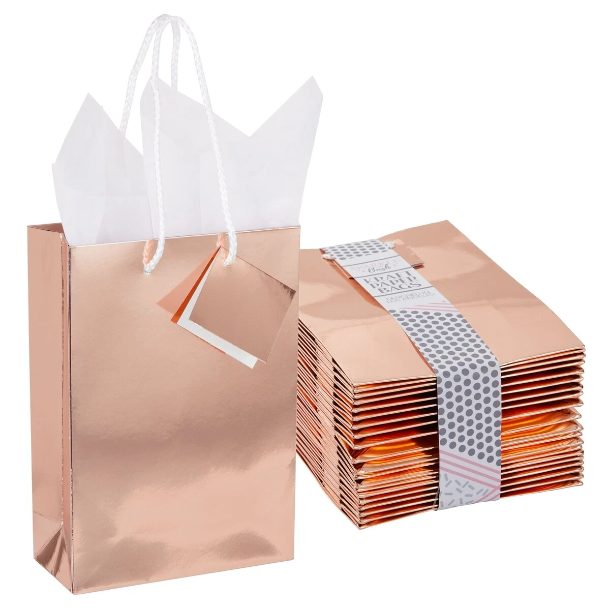 20 Pcs Small Paper Bags with Handle & Tissue Paper for Gift Rose Gold  8x5.5x2.5”