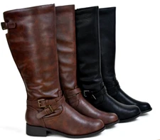 Women's Knee-High Riding Boots Buckle Low Block Heel Round Toe Casual Boots 
