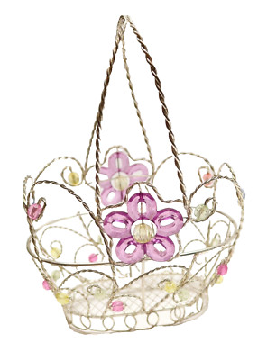 Vtg Oval Wire Basket Flowers Beaded Floral Silver Tone Egg Basket Bread Basket 