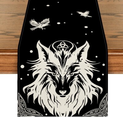 Runner De Table Loup Blanc Noir Corbeaux Automne 180x40cm Halloween Noël