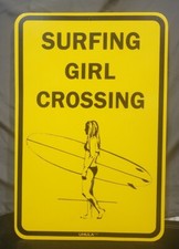 TIN SIGN "Surfer Crossing" Surf Board Beach Wall Decor Vintage