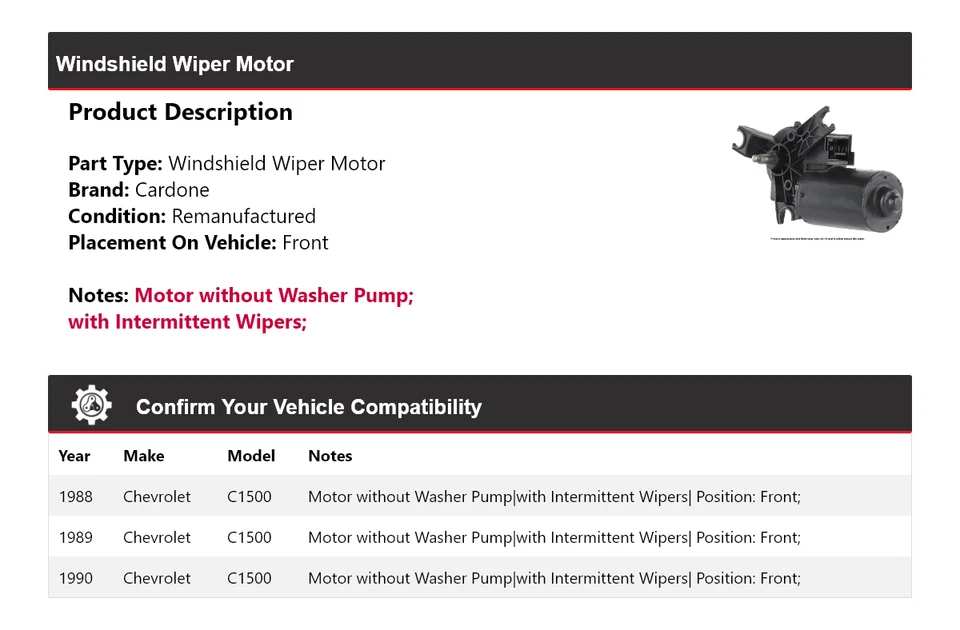 For 1988-1990 Chevrolet C1500 Windshield Wiper Motor Front Cardone 1989 - Image 2 of 4