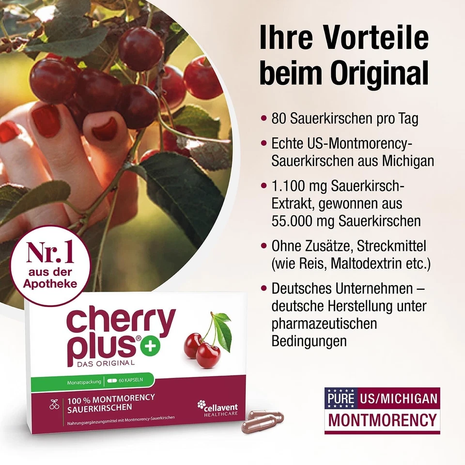 Montmorency-Sauerkirsche Kapseln Hochdosiert 50:1 Cherry Plus Pharmazeut, 60 Stk - Bild 3 von 4