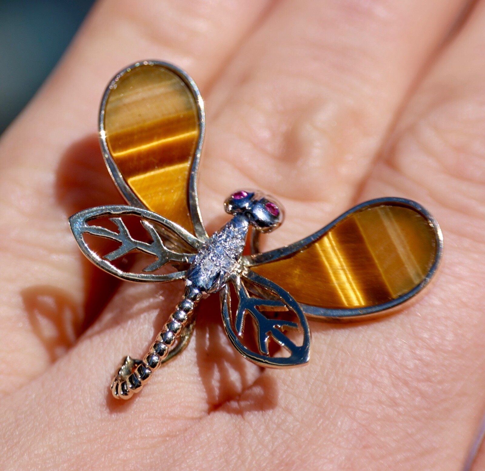 14K SOLID YELLOW GOLD DIAMOND RUBY TIGER EYE DRAG… - image 8