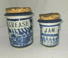 BLUE & Cream Speckled Grease & Jam Jars with Cork Lids
