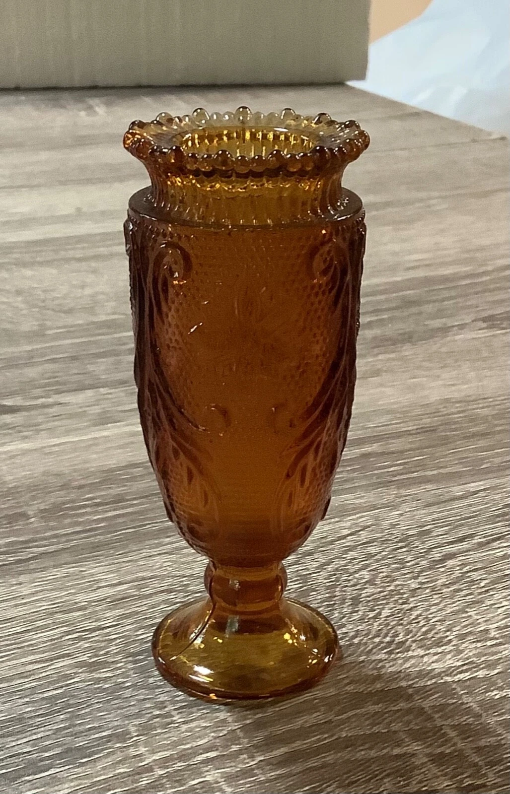 Amber pressed glass footed vase miniature, Tiara Sandwich pattern