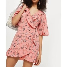 TOPSHOP Floral Ruffle Wrap Mini Dress Pink Sz 2
