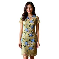 Calvin Klein Tan Blue Floral Lace Embroidered Sheath Dress 12P Petite