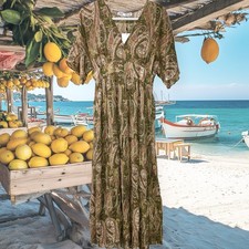 BLOGGERS FAVE Zara Olive Green Flowy Maxi Paisley Dress Cottage Core Prairie M
