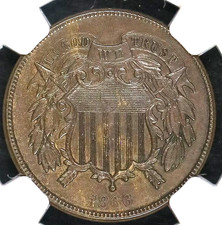 1866 TWO CENT PIECE NGC AU 53 BN SMOOTH MEDIUM MILK CHOCOLATE, VERY LIGHT EVEN