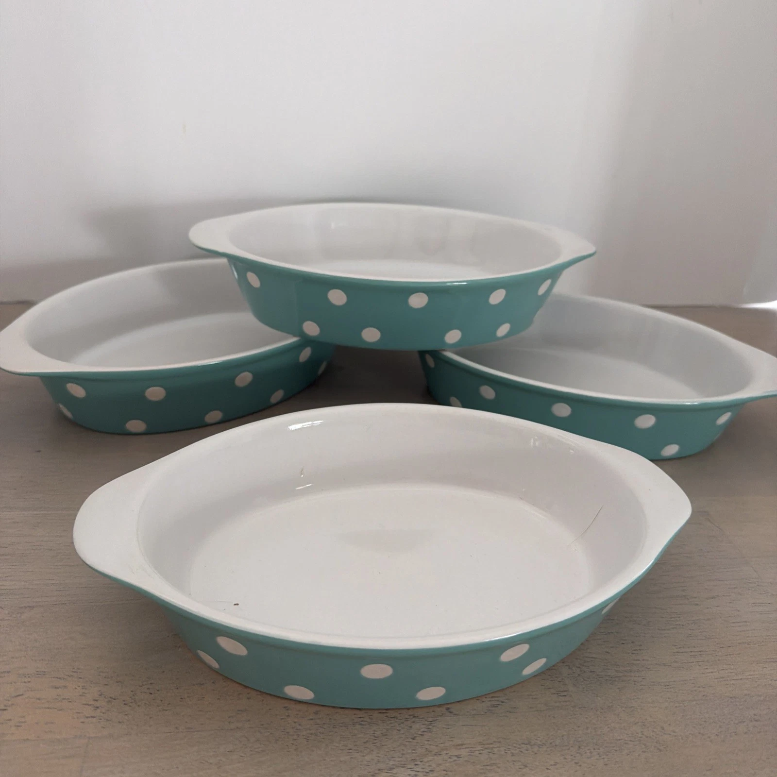 Signature Housewares Baking Dishes Aqua Blue White Polka Dot 8x5x2” Set 4