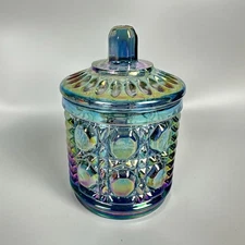 Vtg Indiana Carnival Glass Blue Windsor Iridescent Sugar Jar w/ Lid Candy Vanity