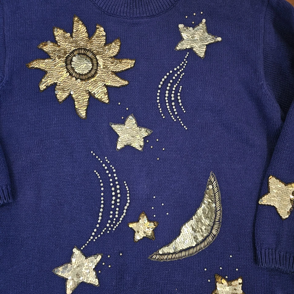 VTG Blue Chunky Sweater Celestial Sun Moon Stars Beaded Sequins Gold Sz L Large - Image 3 of 4