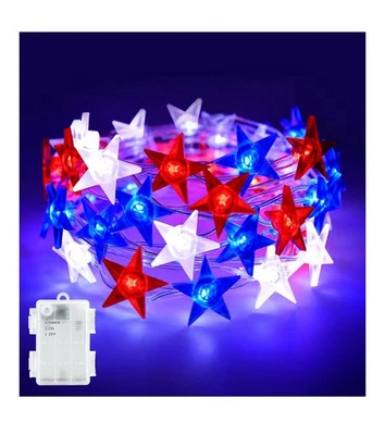 4th of July Lights Battery Operated String Red White and Blue Lights with Timer