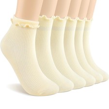 TRIITECH 6 Pairs Ruffle Socks - White Frilly Ankle 5-9, 6 Cream