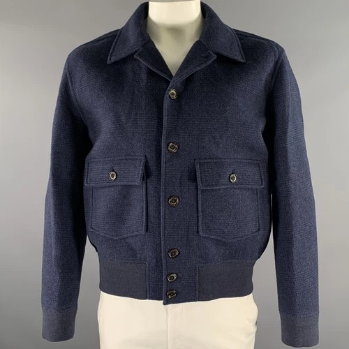 RALPH LAUREN Size L Navy Glen Check Wool Polyestar Cashmere Flight Jacket - product listing photo
