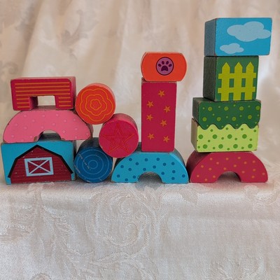 Lot Of 14 Wooden Blocks With Specialty Graphics Building Create Imagination