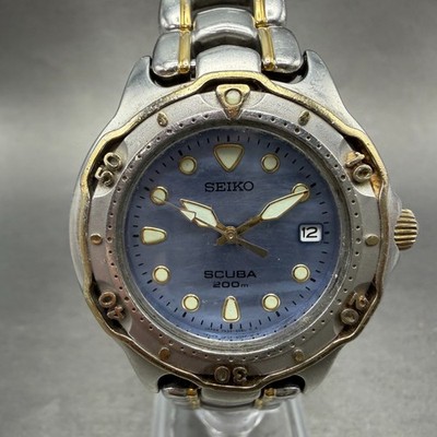 Seiko Scuba Diver Watch Men 38mm MOP Dial Two Tone Date READ!!! 7N35-6030 NewBat