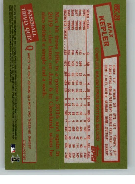 2020 Topps '85 Topps Silver Pack Chrome #85C23 Max Kepler (ref 132846) - Image 2 of 2