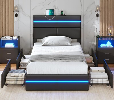Twin Bed Frame with Storage Drawers & Headboard LED Upholstered Bed ...