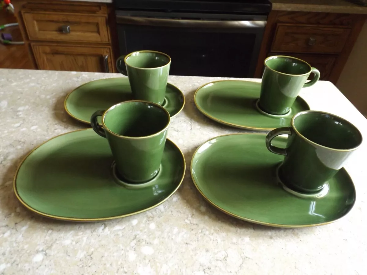 Rare Ikea Frukost Green Brown Trim Snack Sandwich Plates & Cups (4) 18004