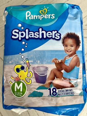 New~Pampers Splashers Swim Diapers~Disposable Pants~Medium~20-33 lb/9-15kg~18Ct