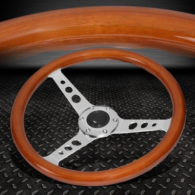 14" Vintage Wood Grain Steering Wheel – 3-Spoke Deep Dish Stainless Steel - View #2