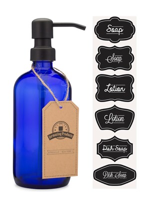 Cobalt Blue Glass Pint Jar Soap and Lotion Dispenser with Metal Pump - Black