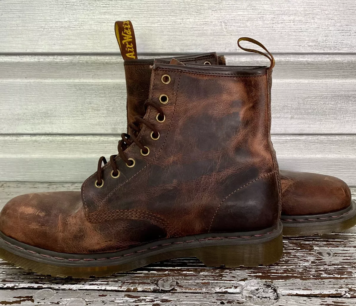 DR MARTENS Brown Vintage Distressed Leather Bouncing Soles Airwair Combat Boots