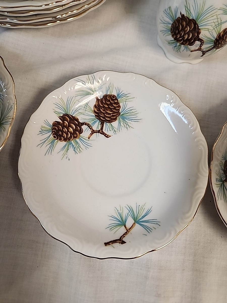 VINTAGE Ucagco Pine Cones Tea Set Plates Coffee Pot Cups Saucers