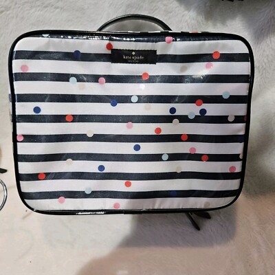 cute makeup bags for travel for women kate spade new york Hanging Toiletry Bag, Goddess Stripe whimsical green cosmetic bag for daily use or travel Kate Spade Cosmetic Makeup Pouch