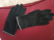 Vtg 1940s RHINESTONE TRIM Black Cotton GLOVES Size 7-1/2 Prom Party Goth MINT