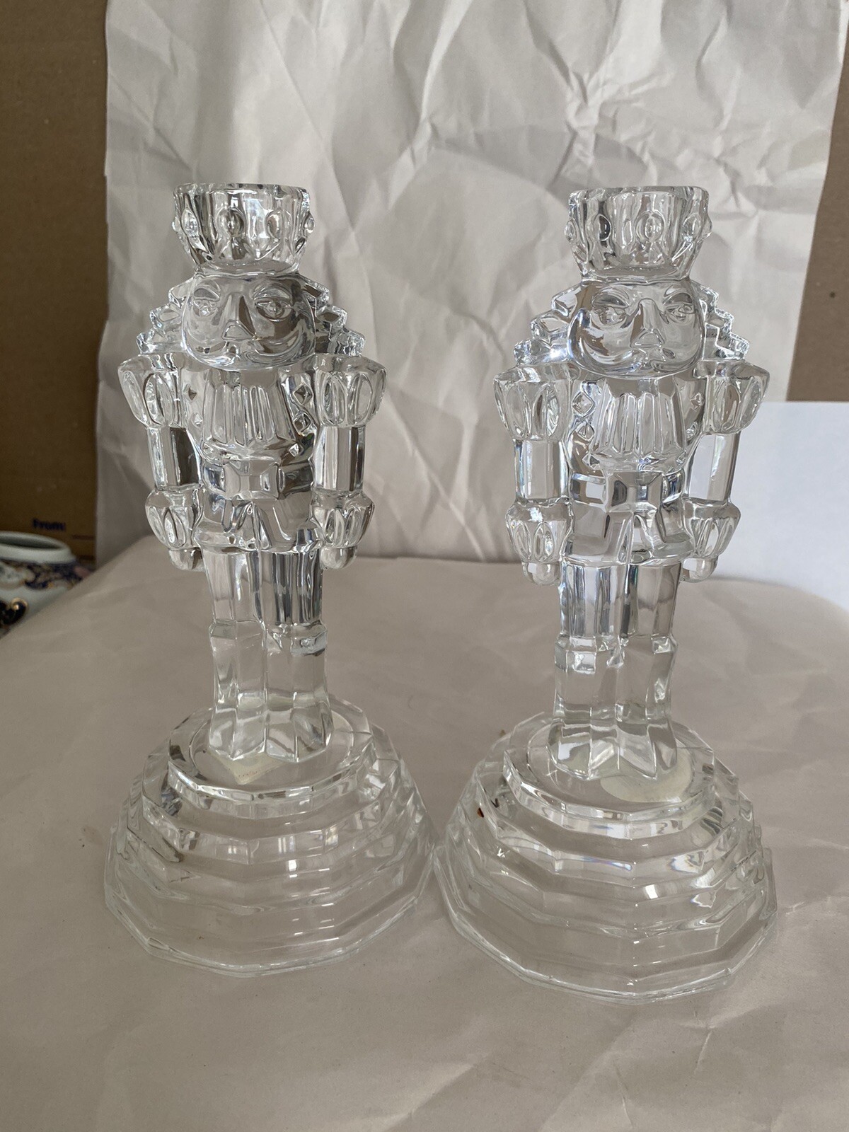 vtg.24 0/0 lead crystal nutcracker taper candle holders 8.25" tall set