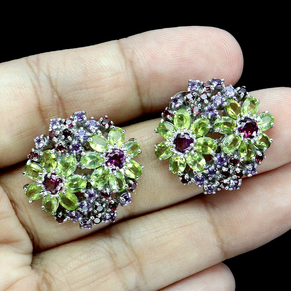 Pendientes de plata de ley 925 peridoto ovalado amatista granate piedras preciosas joyería Foto 2 de 4