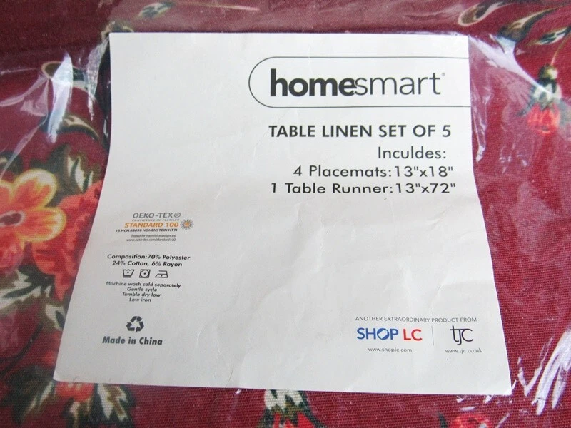 Homesmart Red Floral Table Linen Set 4 Placemat 1 Table Runner Poly Blend - NEW - Image 2 of 4