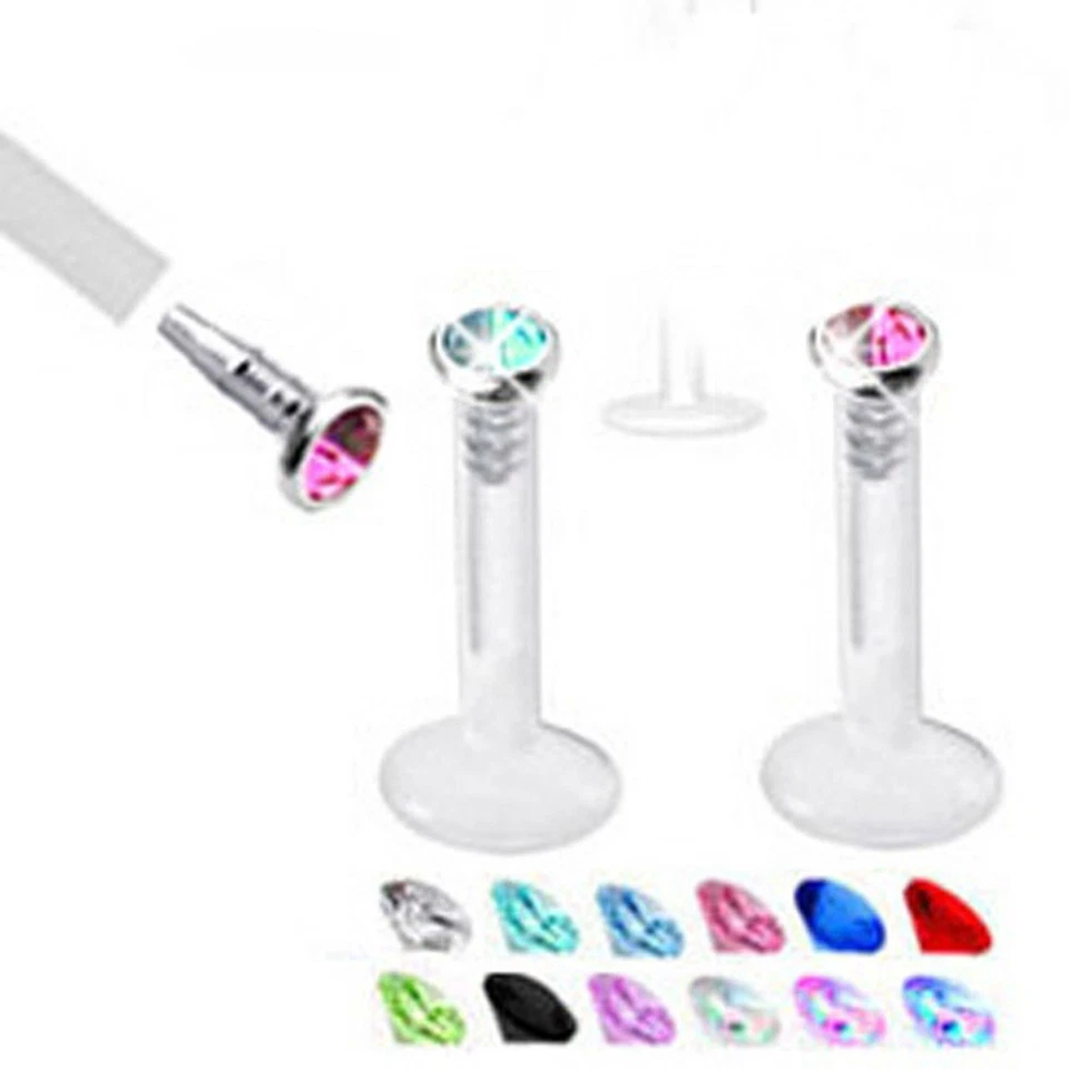 10 peças piercing labial Labret Monroe 16g ajuste de prensa CZ Bioflex push-in 2mm gema  - Imagem 3 de 4