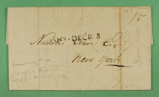 DR WHO 1798 STAMPLESS F/L ALBANY NY STRAIGHT LINE CANCEL PAID 15C R19586