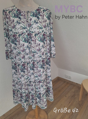 MYBC   Bohokleid   Kleid  ¾ Arm Gr 42 weiß grün lila Print L 102 cm   wie NEU
