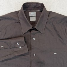 Lacoste Dress Shirt Mens 15 38 Brown Solid Stretch Logo Button Front Long Sleeve