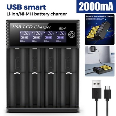 Akku ladegerät 4Slots Batterieladegerät LCD Display USB Charger für Li-ion 18650
