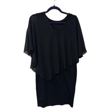 Black V-Neck Dress Capelet Overlay Cocktail Party Goth Witchy Vamp Modest Small