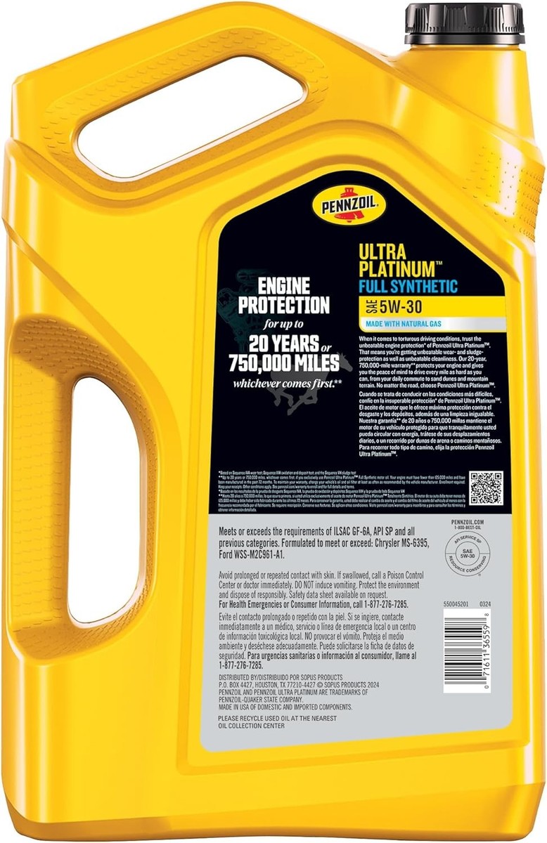 Pennzoil Ultra Platinum Full Synthetic 5W-30 Motor Oil, 5 Quart (3