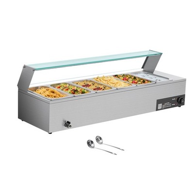Uimoso Commercial Food Warmer with 6 Pans and Glass Shield for Buffet Use