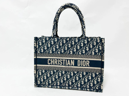 CHRISTIAN DIOR Book Tote Medium Navy Oblique Embroidery Cotton #109