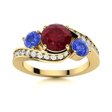 925 Silver Gold Plated 5MM Round Ruby  Swiss Blue Topaz Three Stone Women Ring