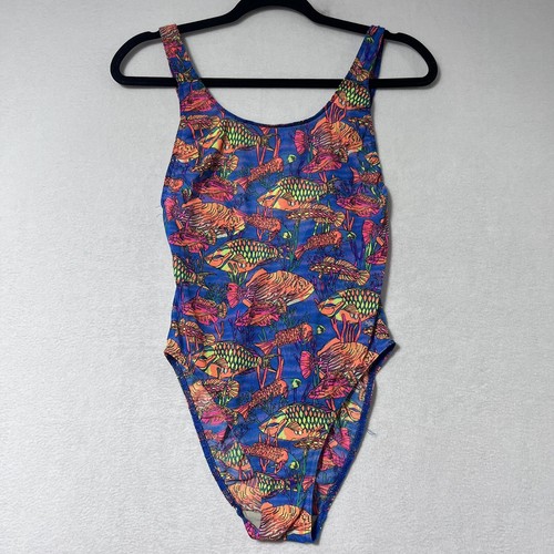 Vintage Solar Mesh One Piece Swimsuit Size 7/8 See Through Neon Fish 80s 90s