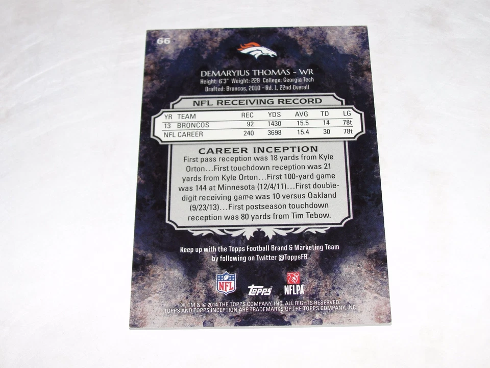 2014 Topps Inception DEMARYIUS THOMAS #66 Magenta Variant/75 Denver BRONCOS  - Image 2 of 2
