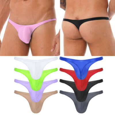 Men Shiny Glossy Bulge Pouch Thongs Underwear Low Rise Solid Color