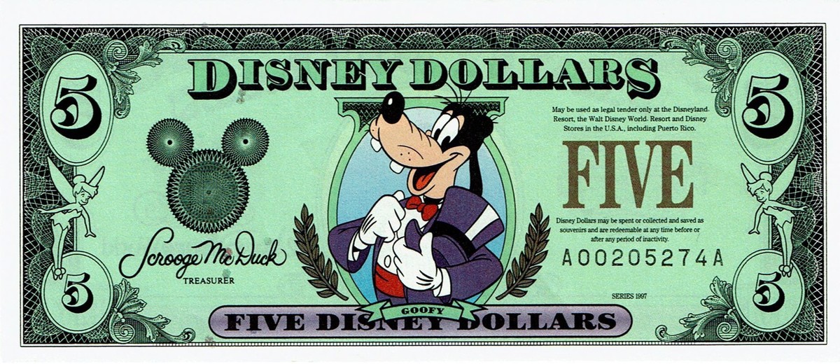 Disney Dollars 1997 $5 Five Dollar Goofy Top Hat 25th Anniversary